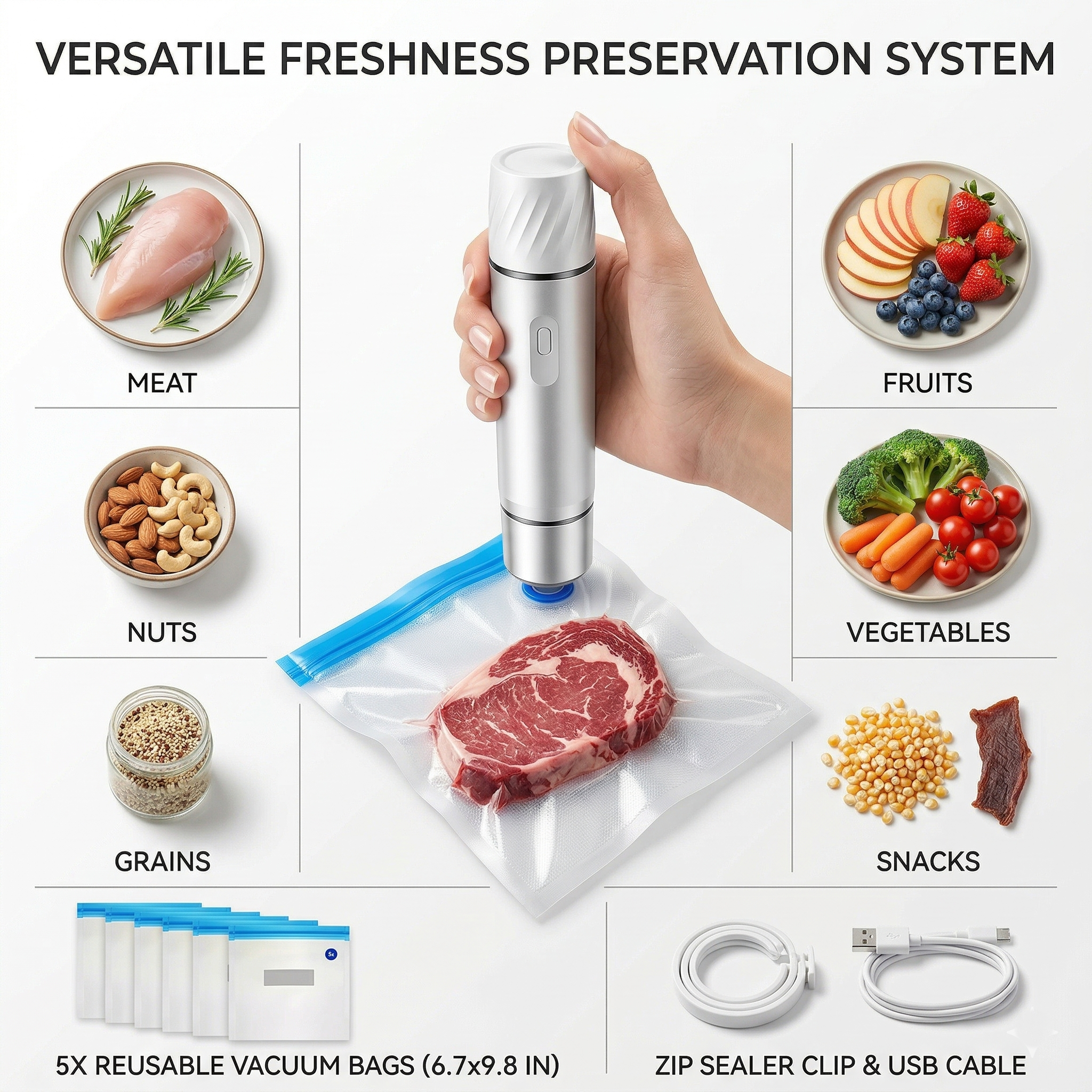 Handheld Vacuum Sealer Pump with Reusable Food Storage Bags