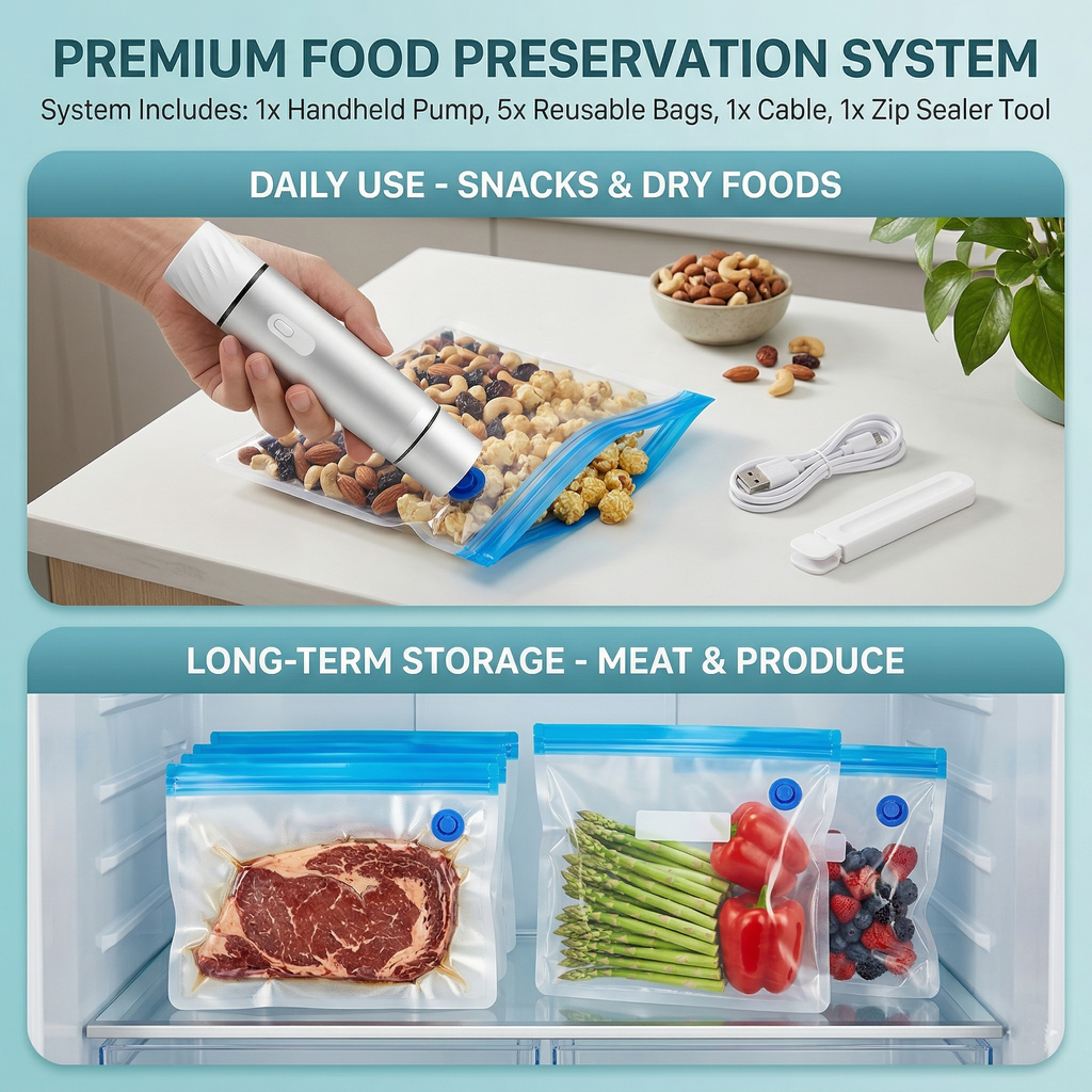 Handheld Vacuum Sealer Pump with Reusable Food Storage Bags