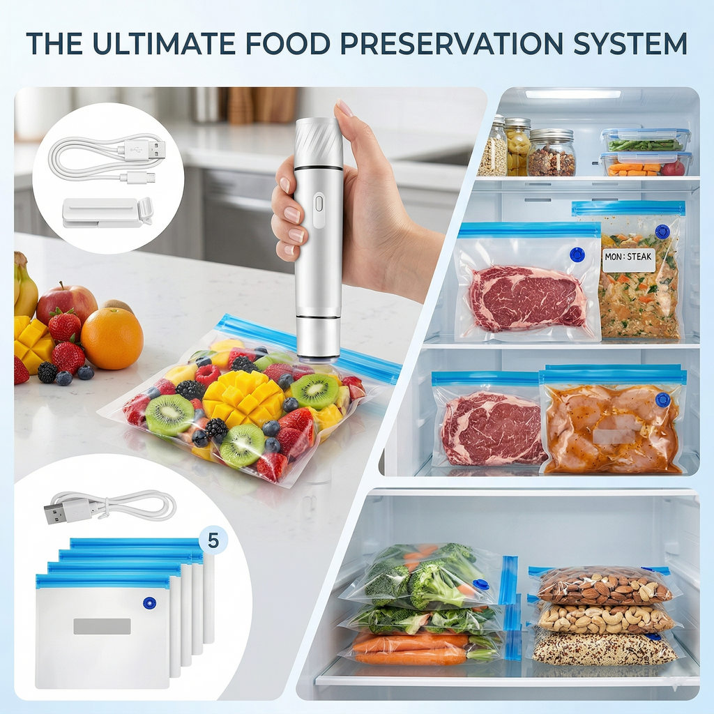 Handheld Vacuum Sealer Pump with Reusable Food Storage Bags