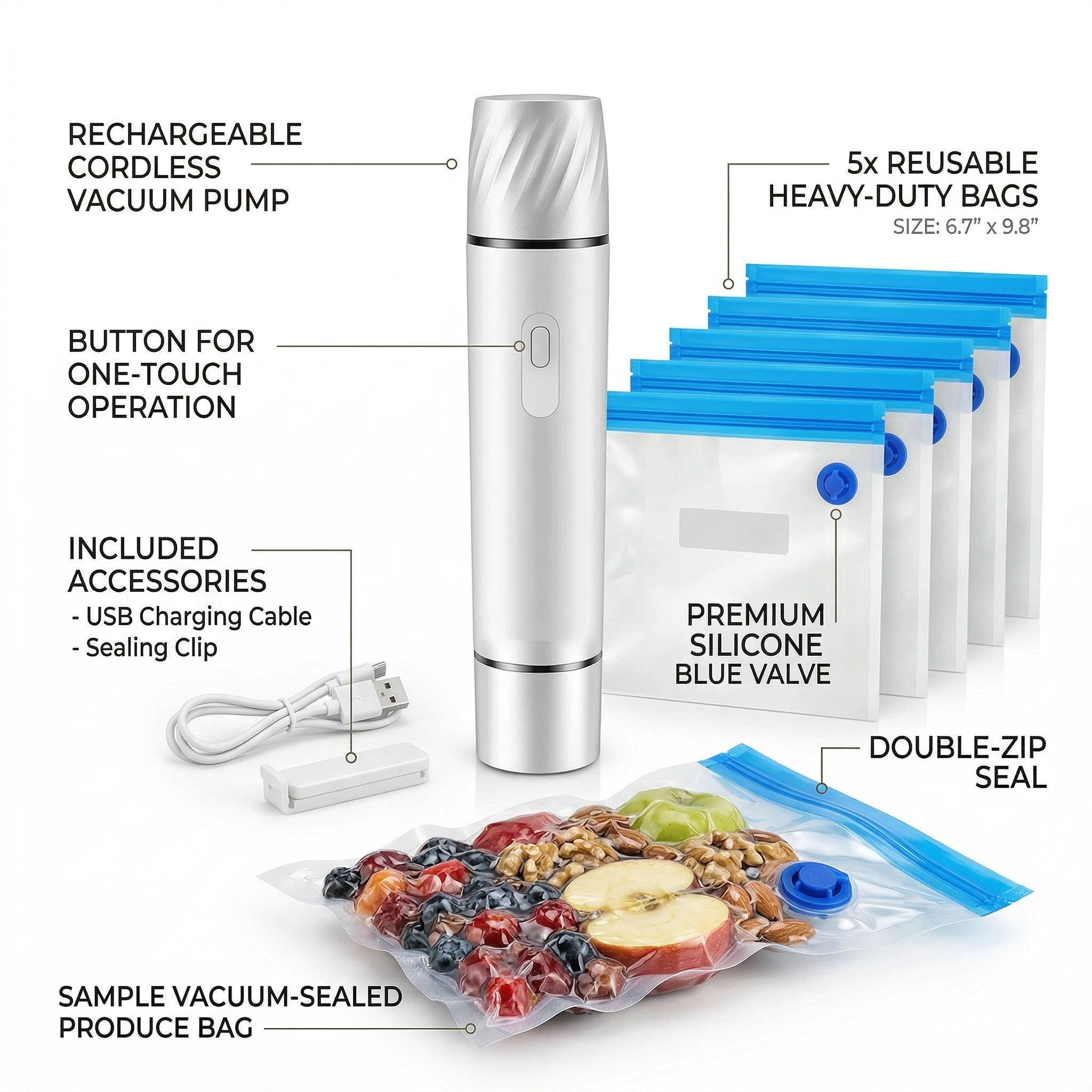Handheld Vacuum Sealer Pump with Reusable Food Storage Bags