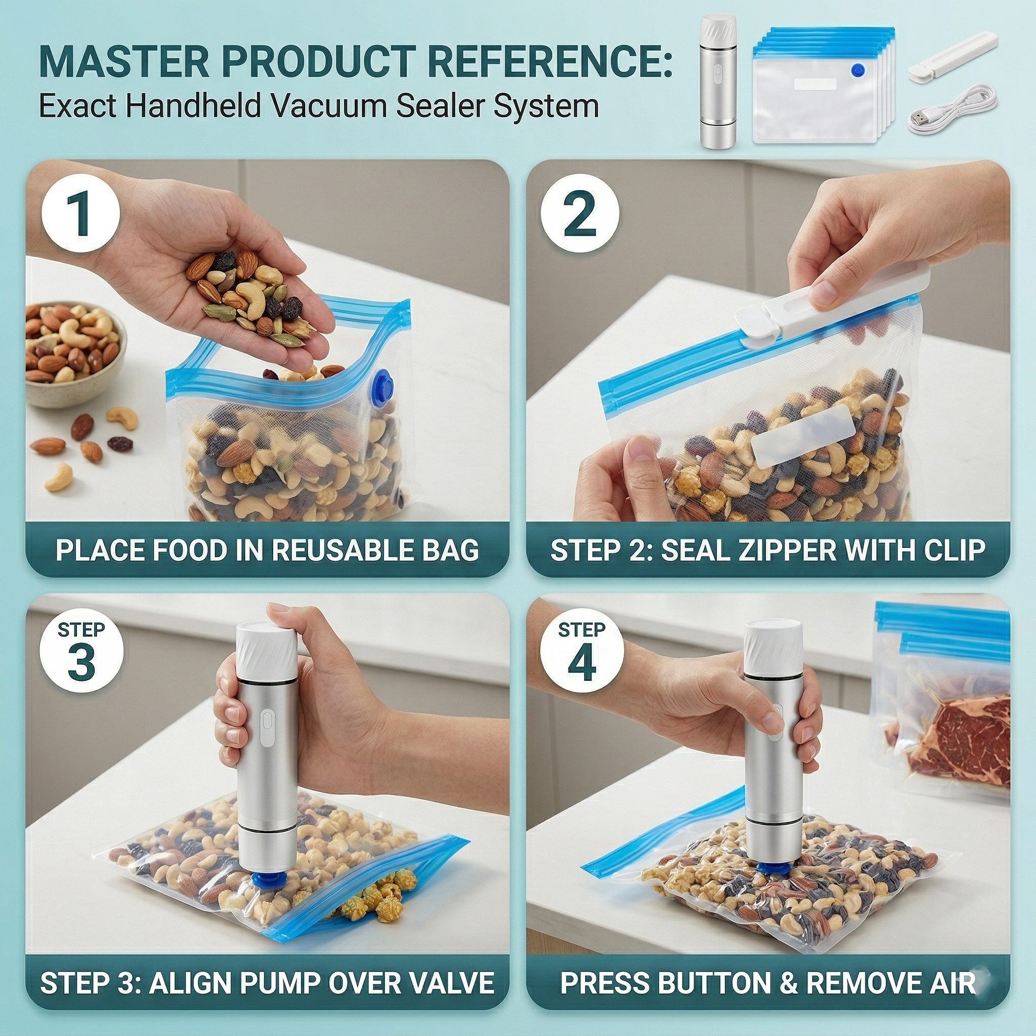 Handheld Vacuum Sealer Pump with Reusable Food Storage Bags